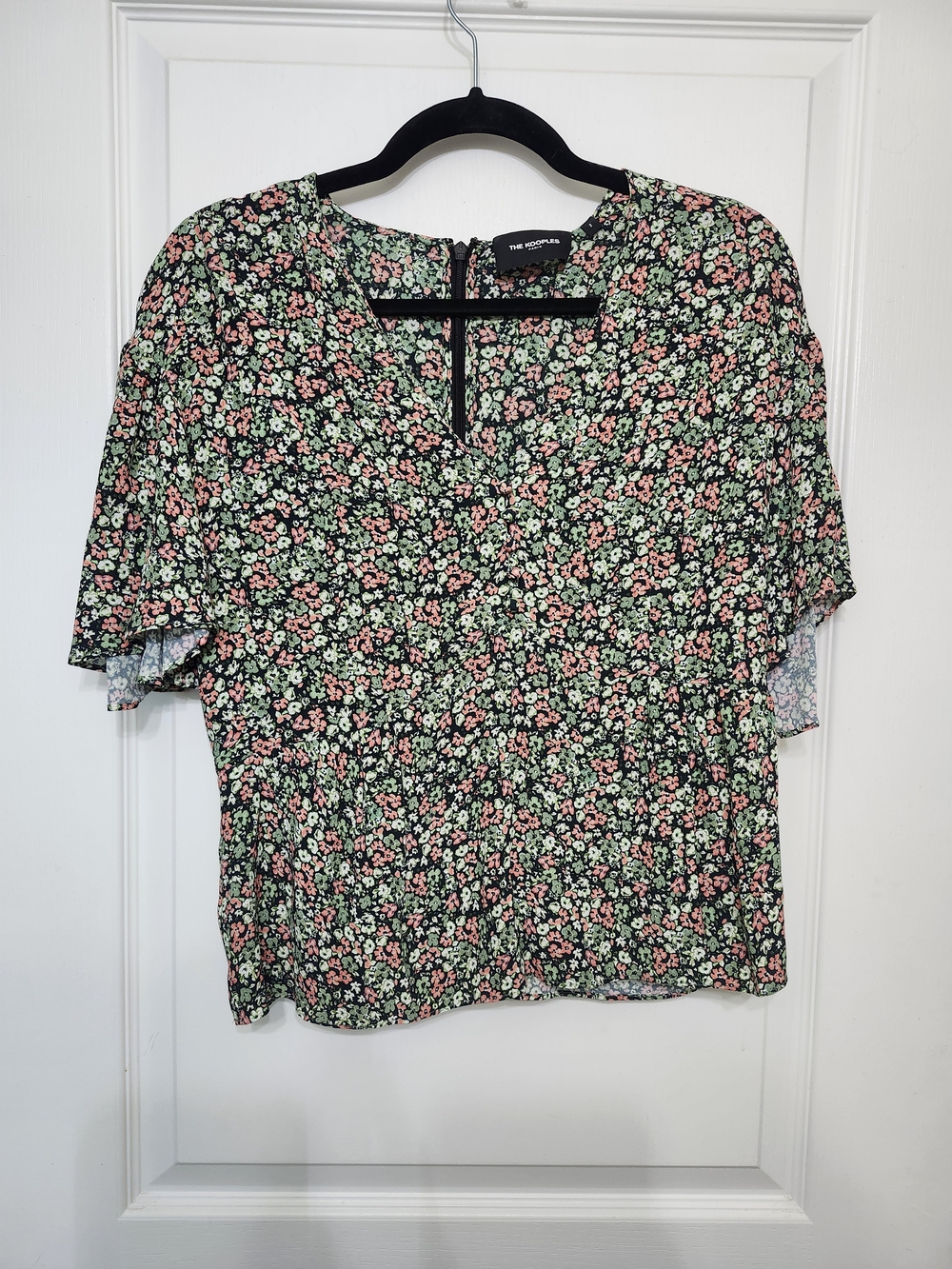 The Kooples Black Floral V-Neck Blouse with Pink & Green Print